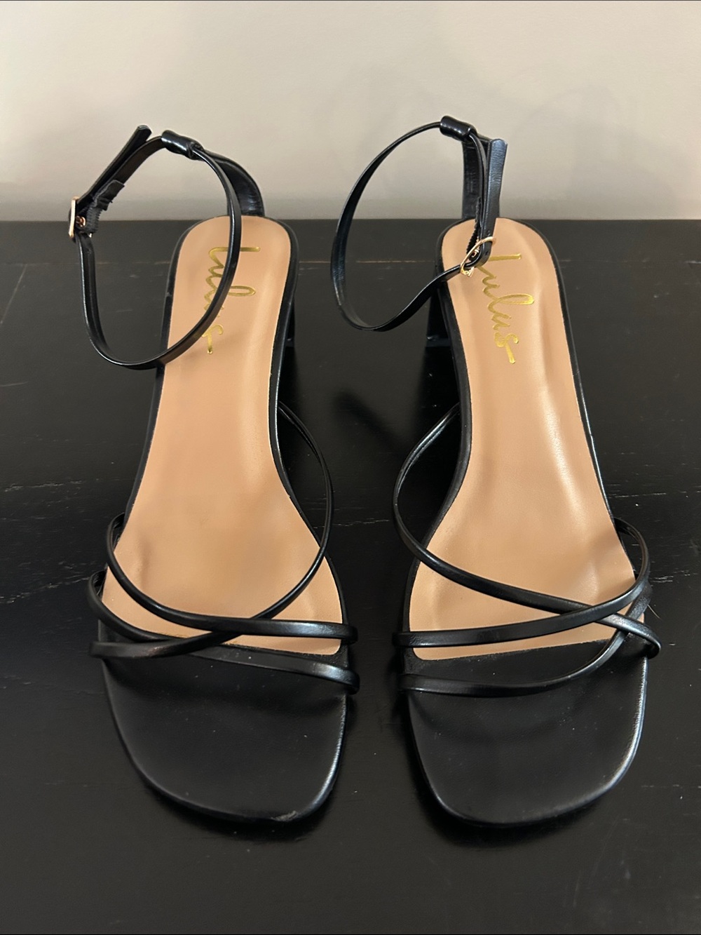 Black Lulus Strappy Ankle-Wrap Sandals size 7